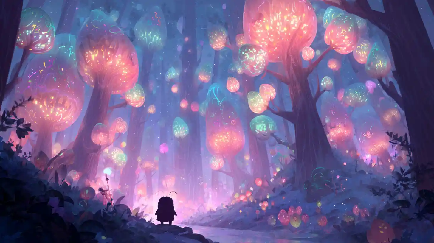 Foresta Fantastica Onirica con Alberi dalle Lanterne Luminescenti