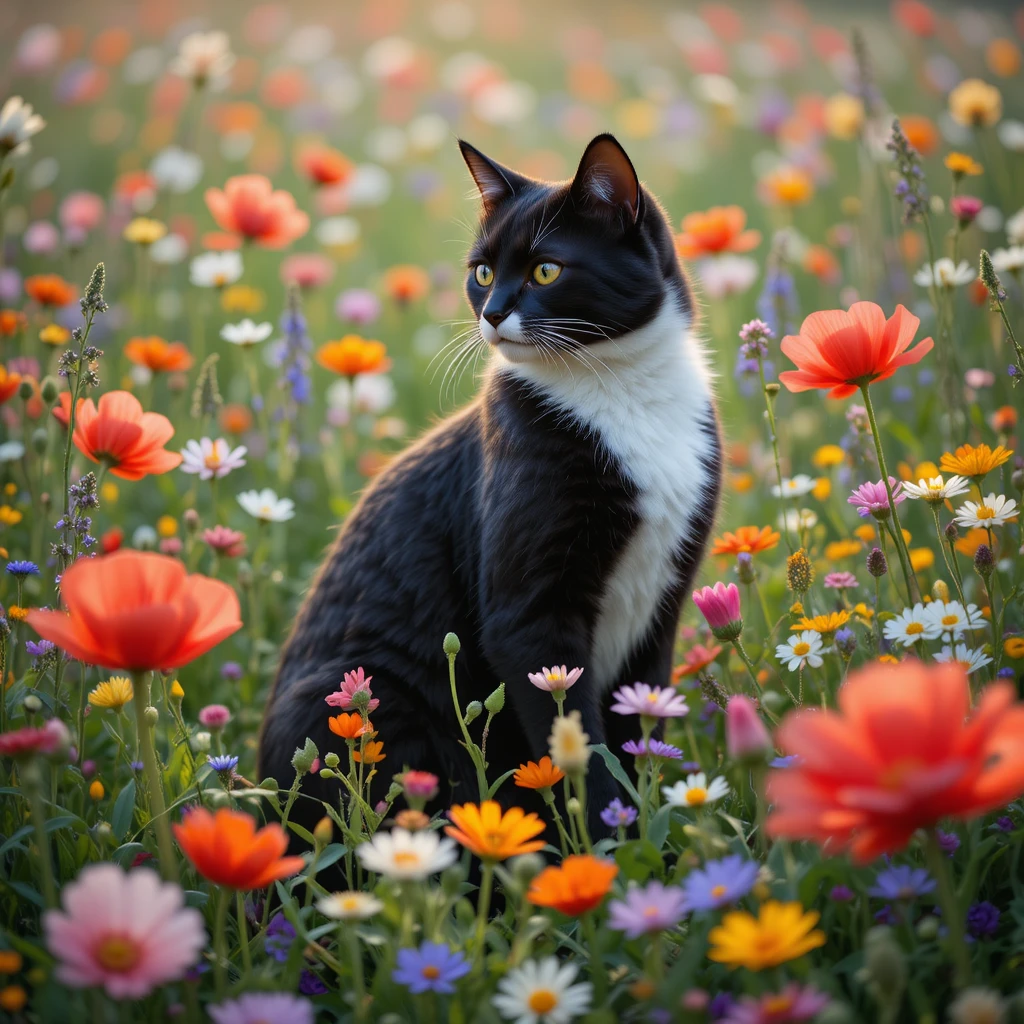 Gato preto e branco descansando em um prado colorido de flores