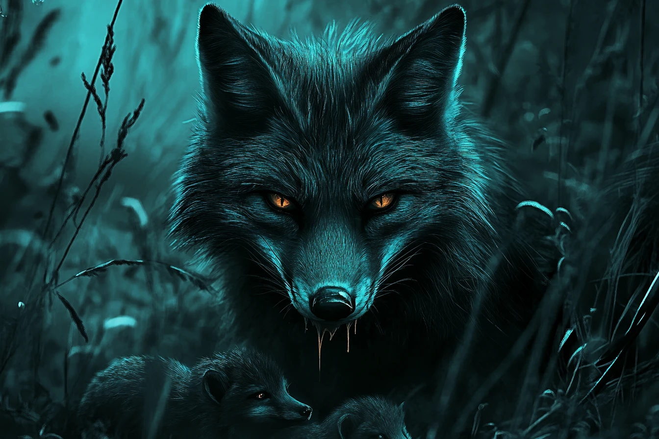 Biolumineszenter Fuchs, der seine Jungen im dunklen Wald beschützt