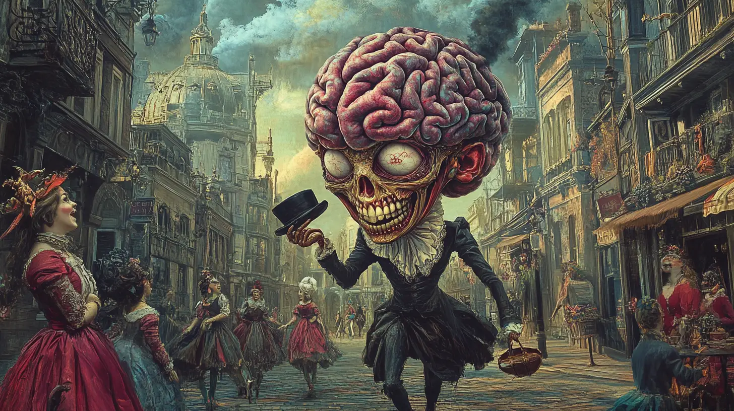 Anthropomorphic Brain In Victorian Suit Walking Down City Street