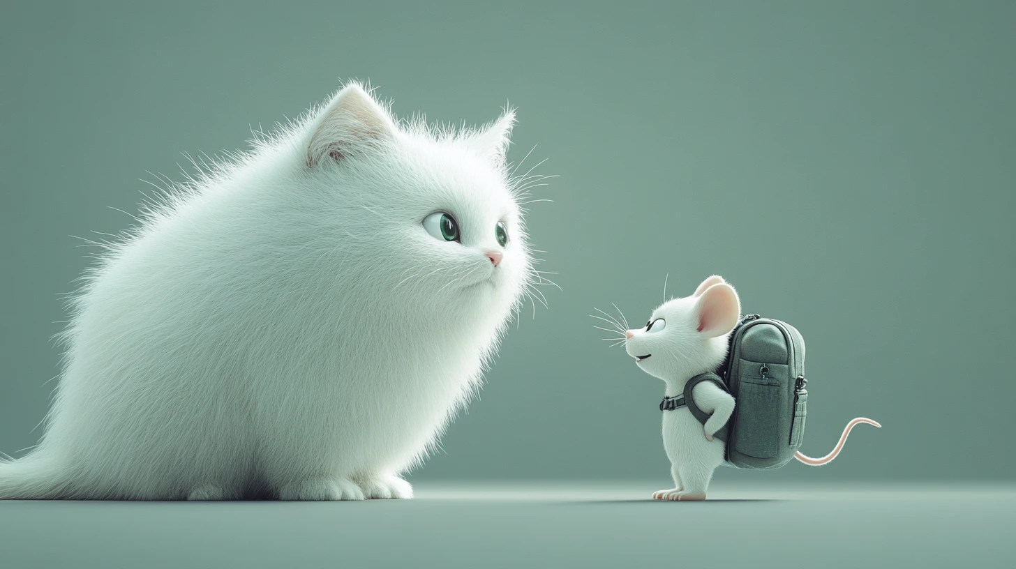 Gato branco 3D encarando um rato sorridente com mochila