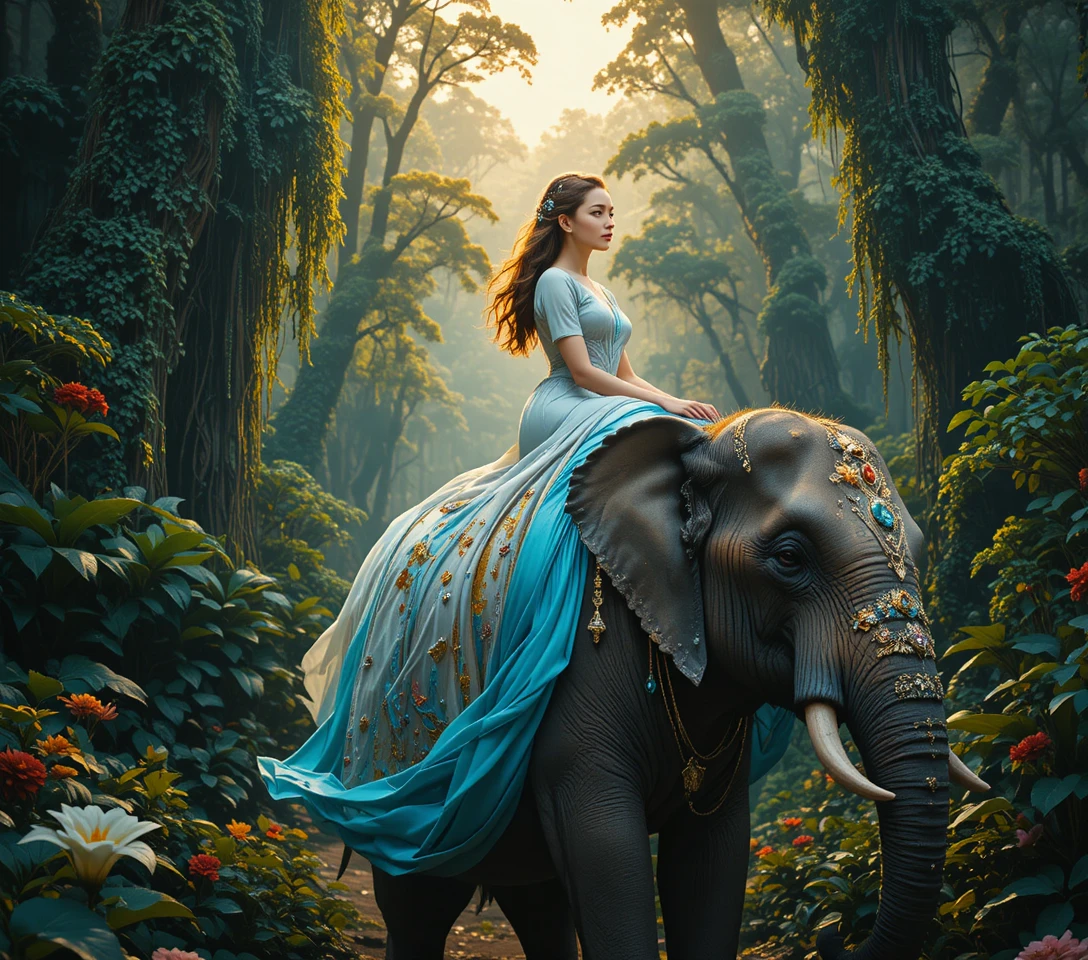 Elegant woman riding an adorned elephant through misty jungle