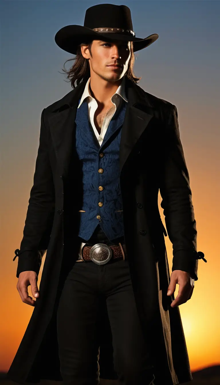Seductive cowboy portrait in a stylish wild west night scene