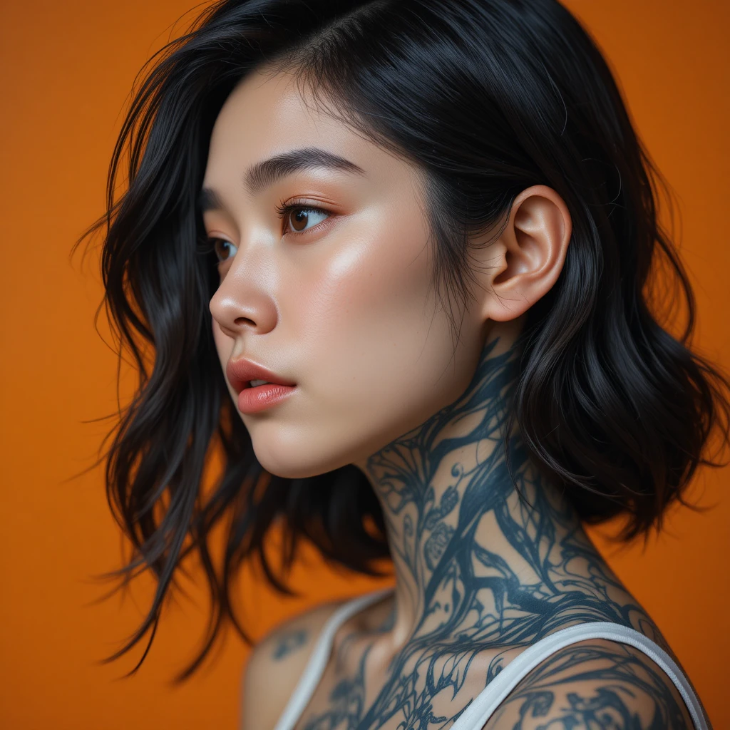 Portrait de profil d’une jeune femme au visage à moitié tatoué