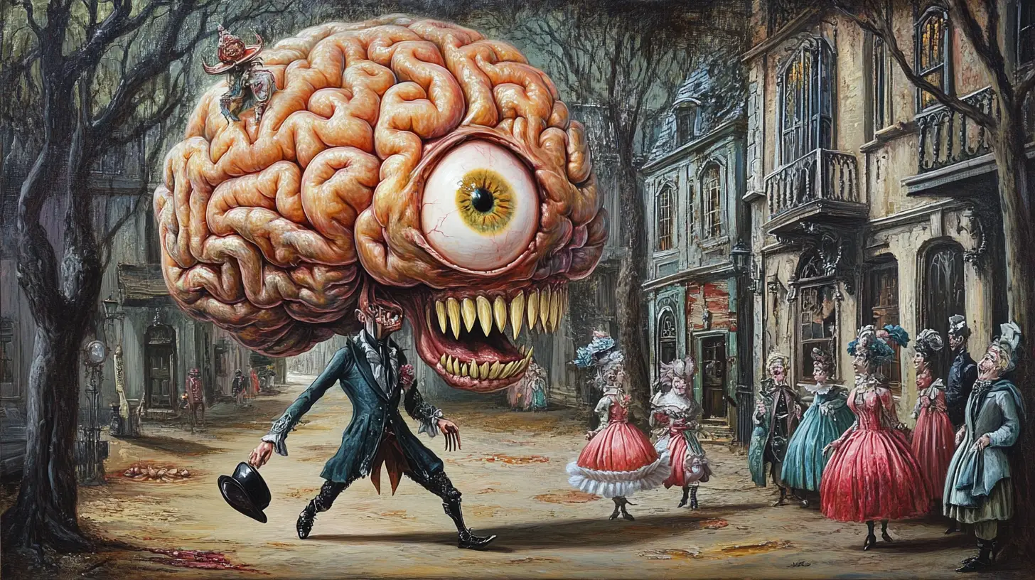 Whimsical Brain Gentleman Strolling A Colorful City Street