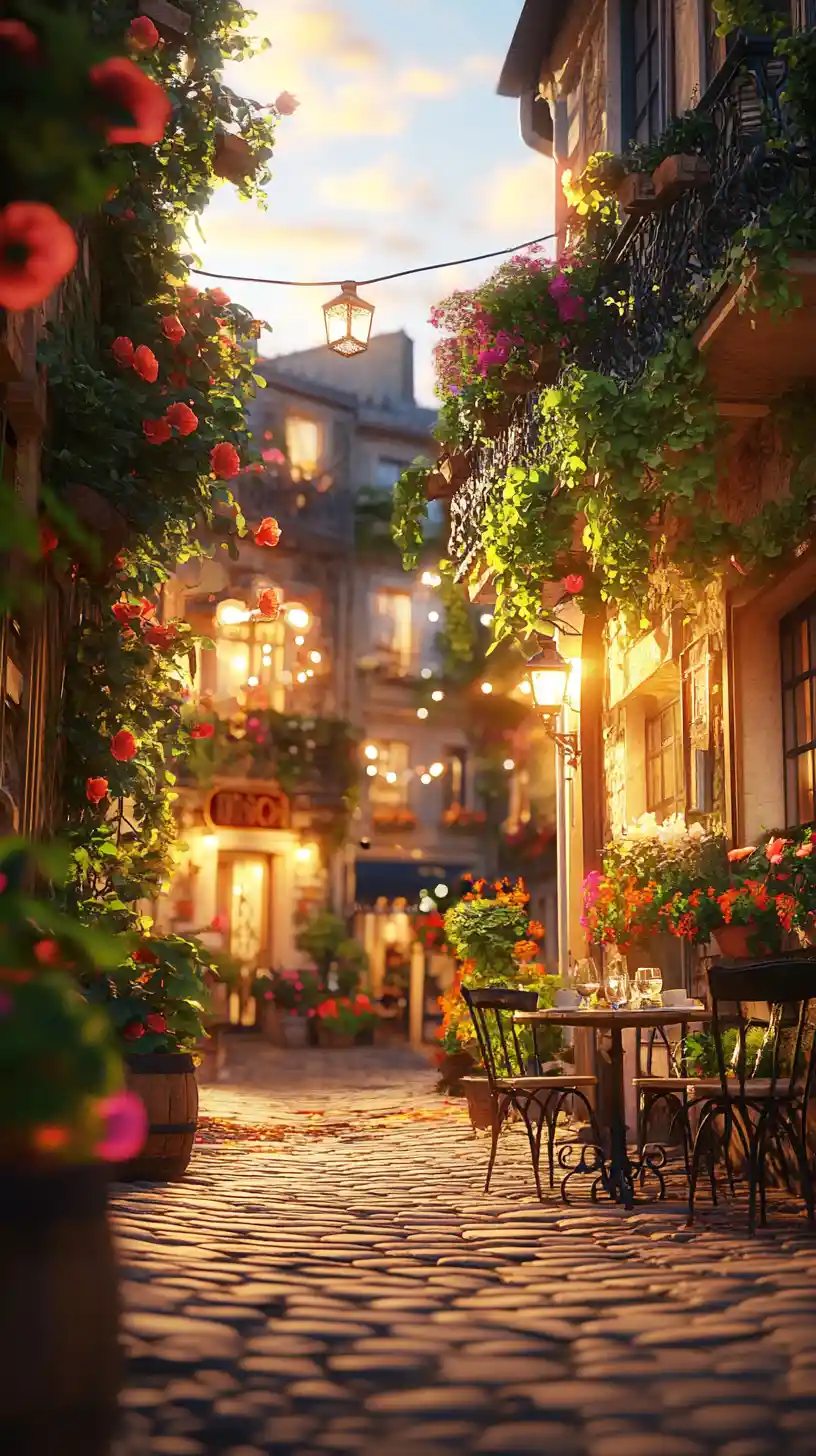 Romantic Paris street cafe glowing in golden hour light