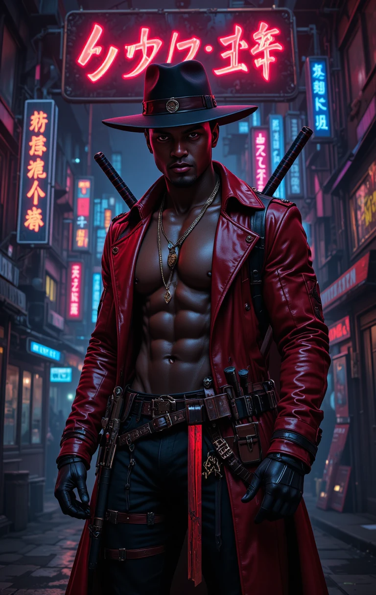 Espadachim cyberpunk de casaco vermelho sob as luzes de néon da cidade
