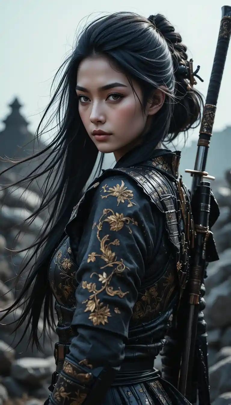 Samurai warrior woman turning back in misty stone ruins