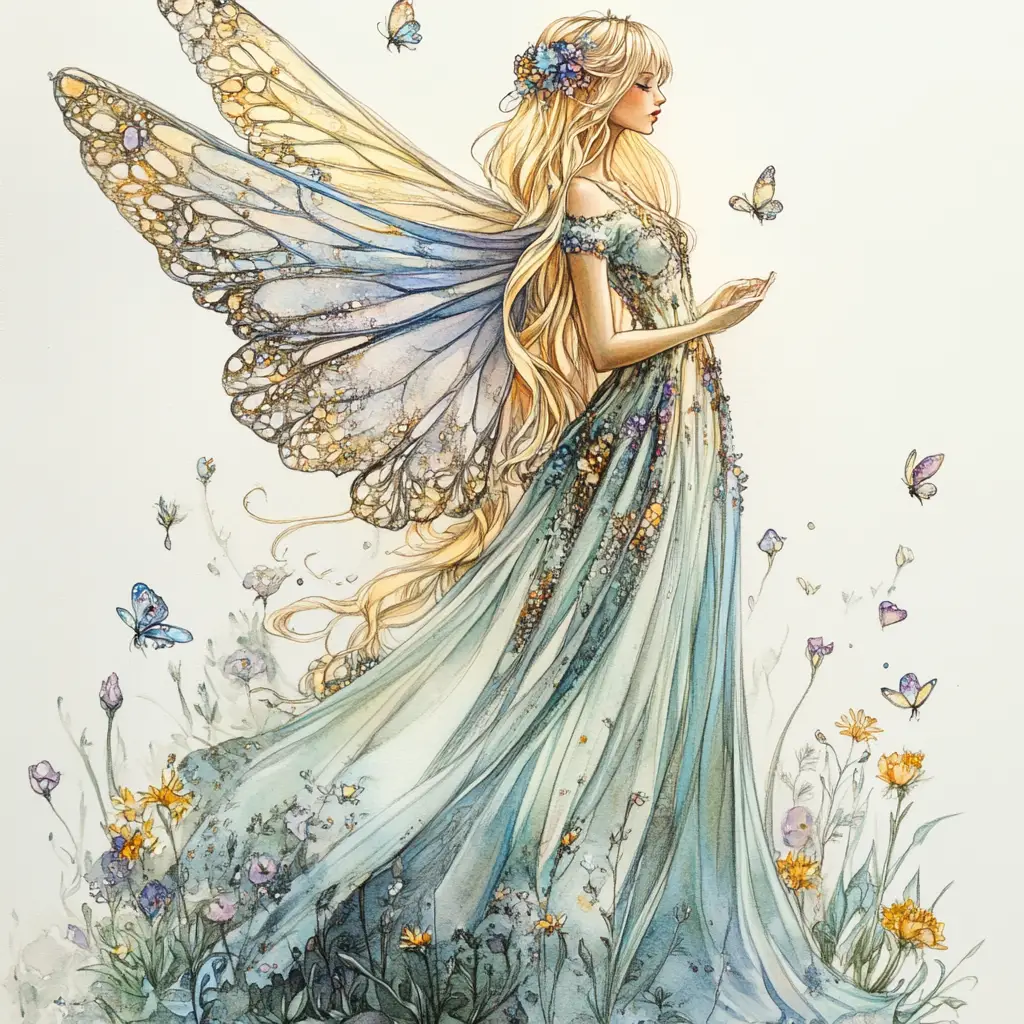 Whimsical blonde fairy in a flowing pastel watercolor gown