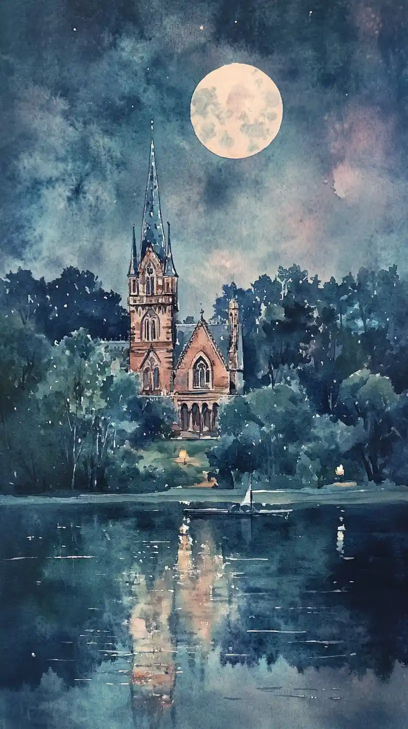 Vila noturna em aquarela à beira do lago com torre ao luar