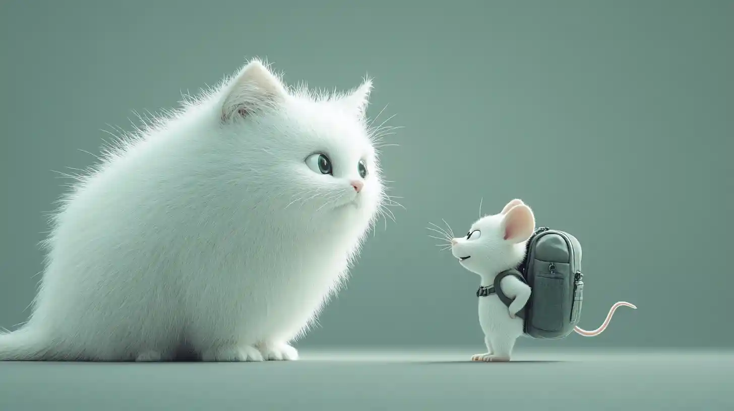 3D-weiße Katze steht einem lächelnden Rucksack-Maus gegenüber