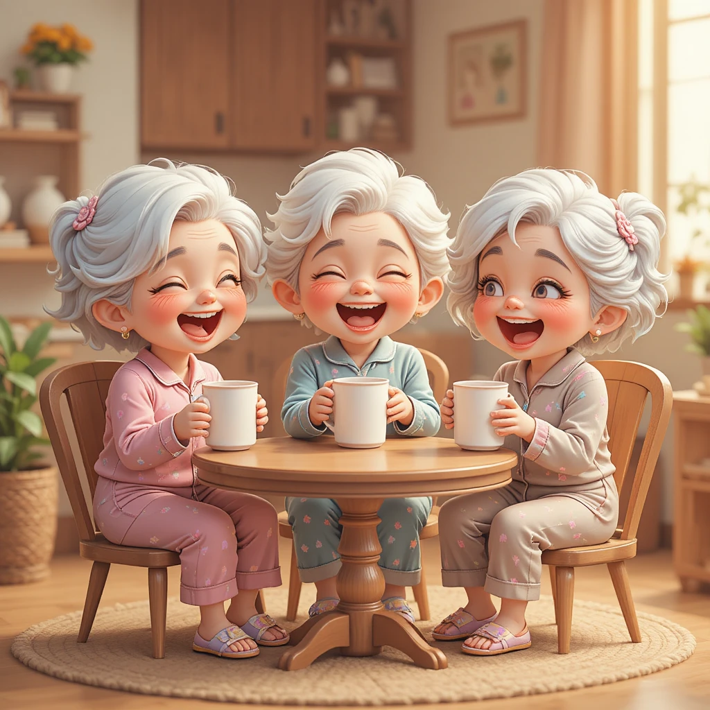 Tre nonnine chibi che ridono insieme davanti a un caffè accogliente