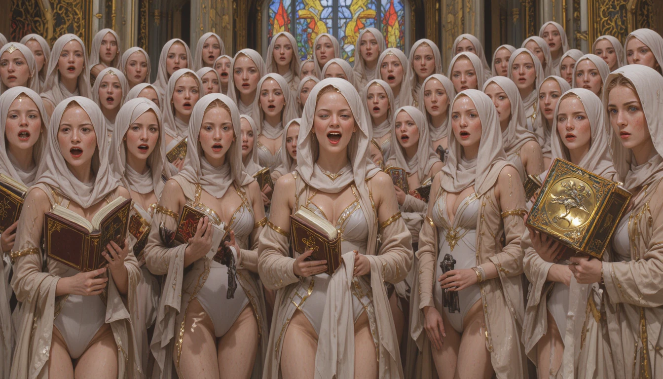 Chorus of armored warrior nuns singing before stained glass