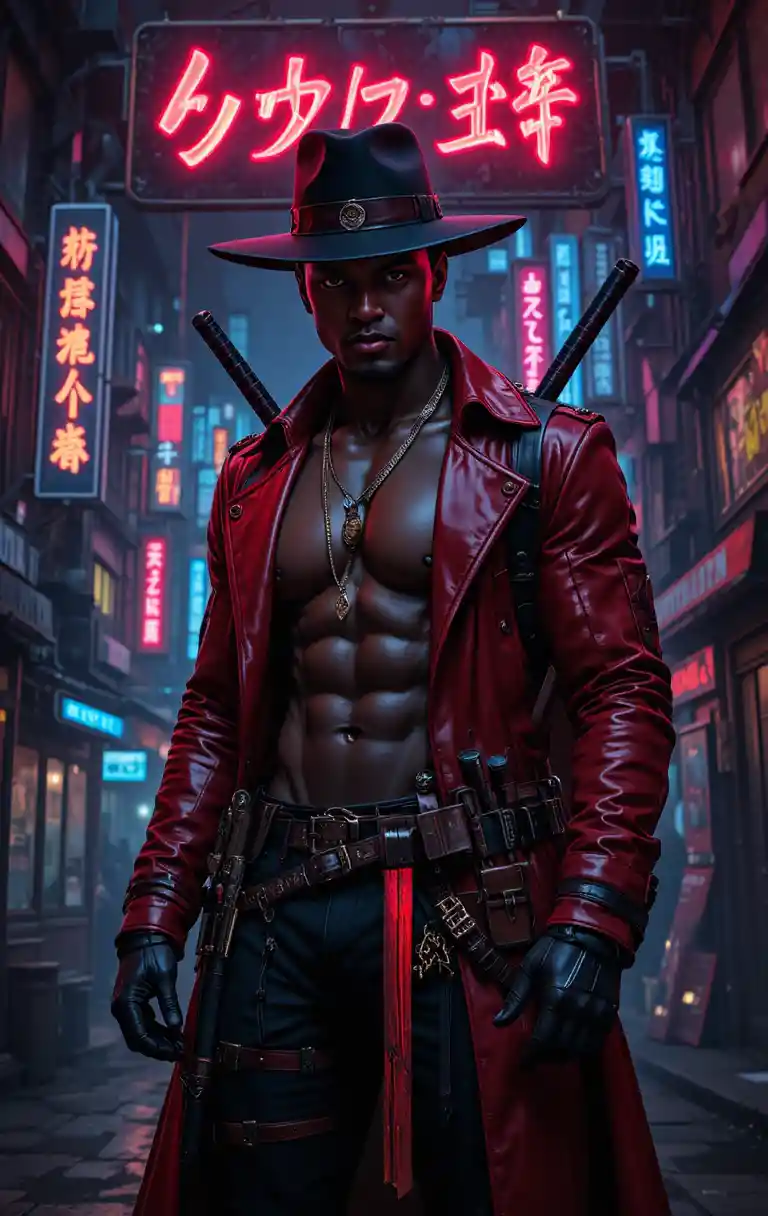 Espadachim cyberpunk de casaco vermelho sob as luzes de néon da cidade