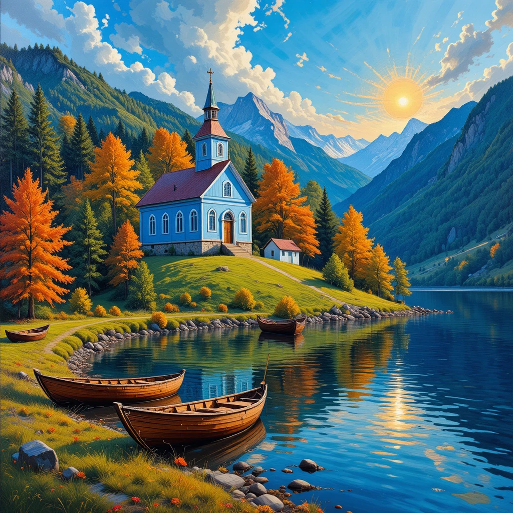 Chiesa blu sulla collina accanto a un tranquillo lago autunnale al tramonto