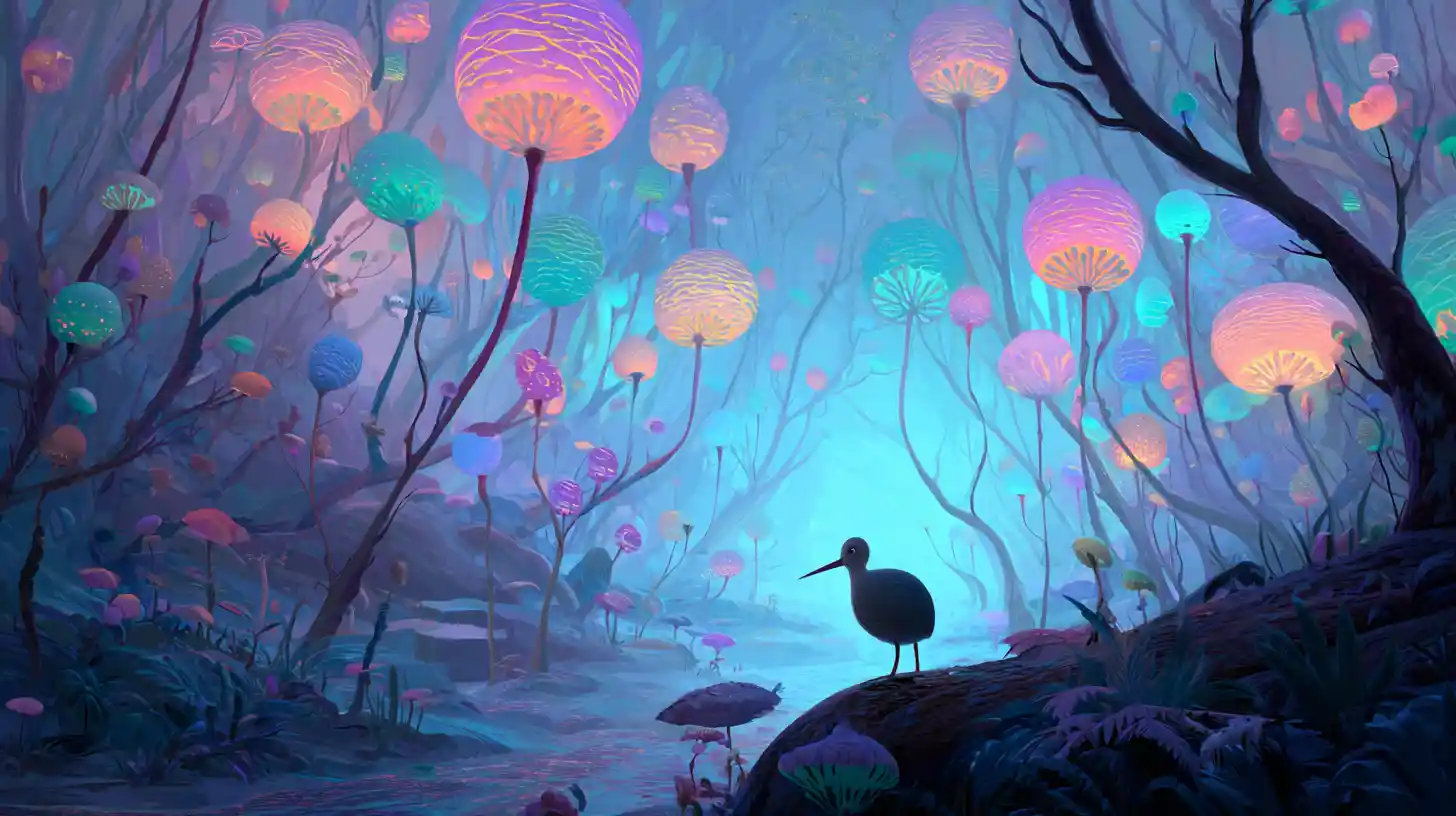 Bosque fantástico de ensueño con árboles linterna brillantes al atardecer