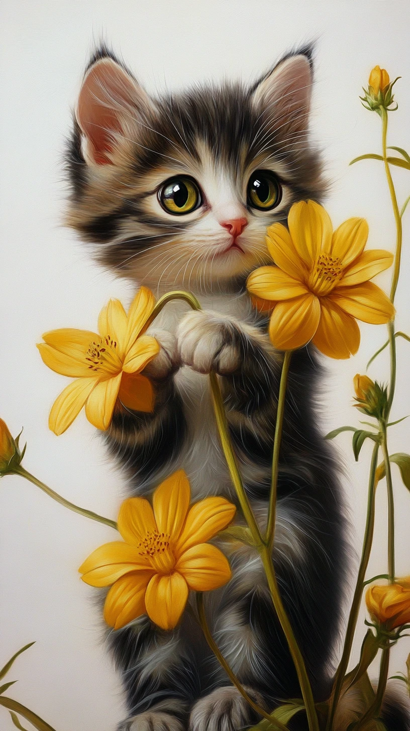 Gatinho de desenho animado brincalhão com flores amarelas em fundo branco