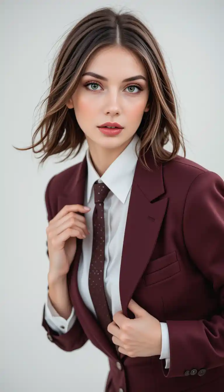 Confident woman in burgundy suit studio close up portrait