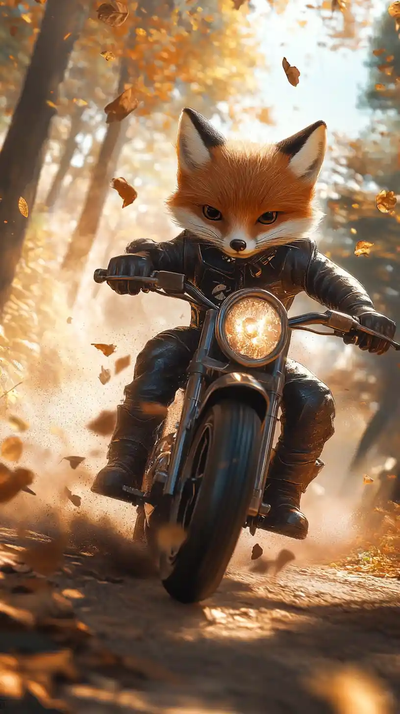 Fuchsjunges rast auf einem Mini-Motorrad durch den sonnendurchfluteten Wald