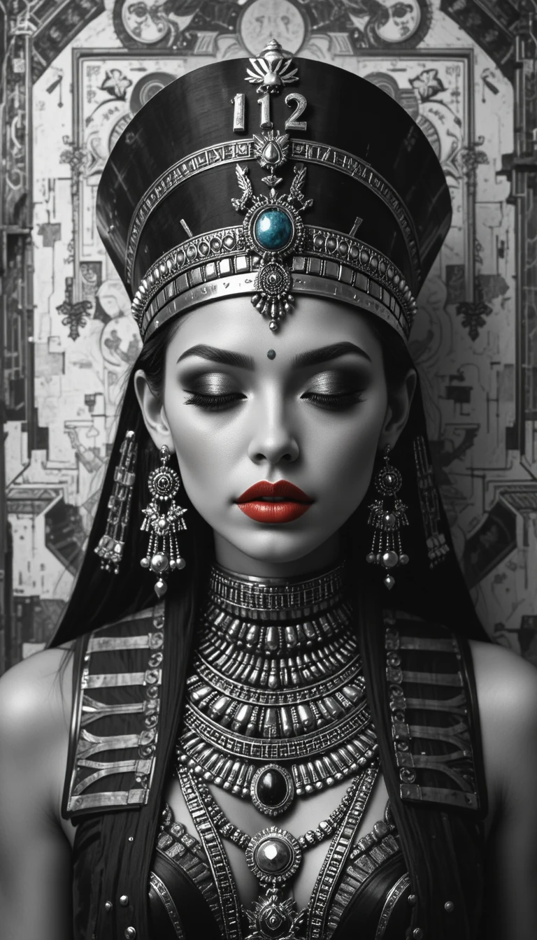 Femme mystique avec bijoux égyptiens en portrait noir et blanc