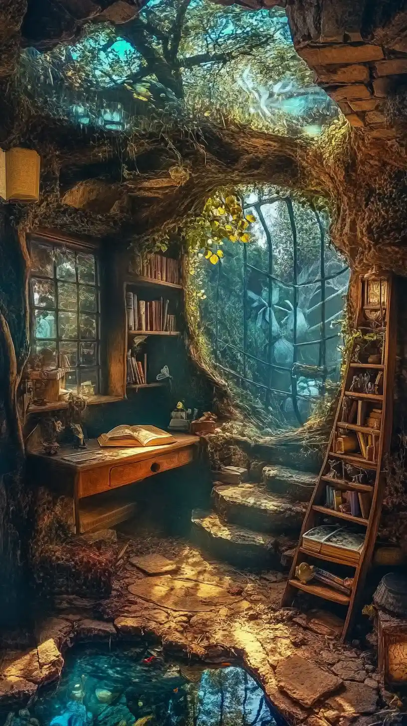 Angolo lettura fiabesco surreale con scene di libri illusorie