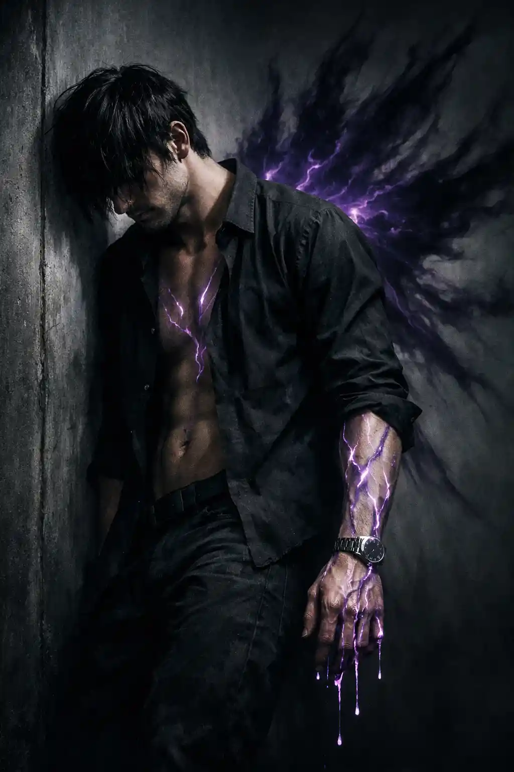 Brooding man with glowing purple energy and dark wings