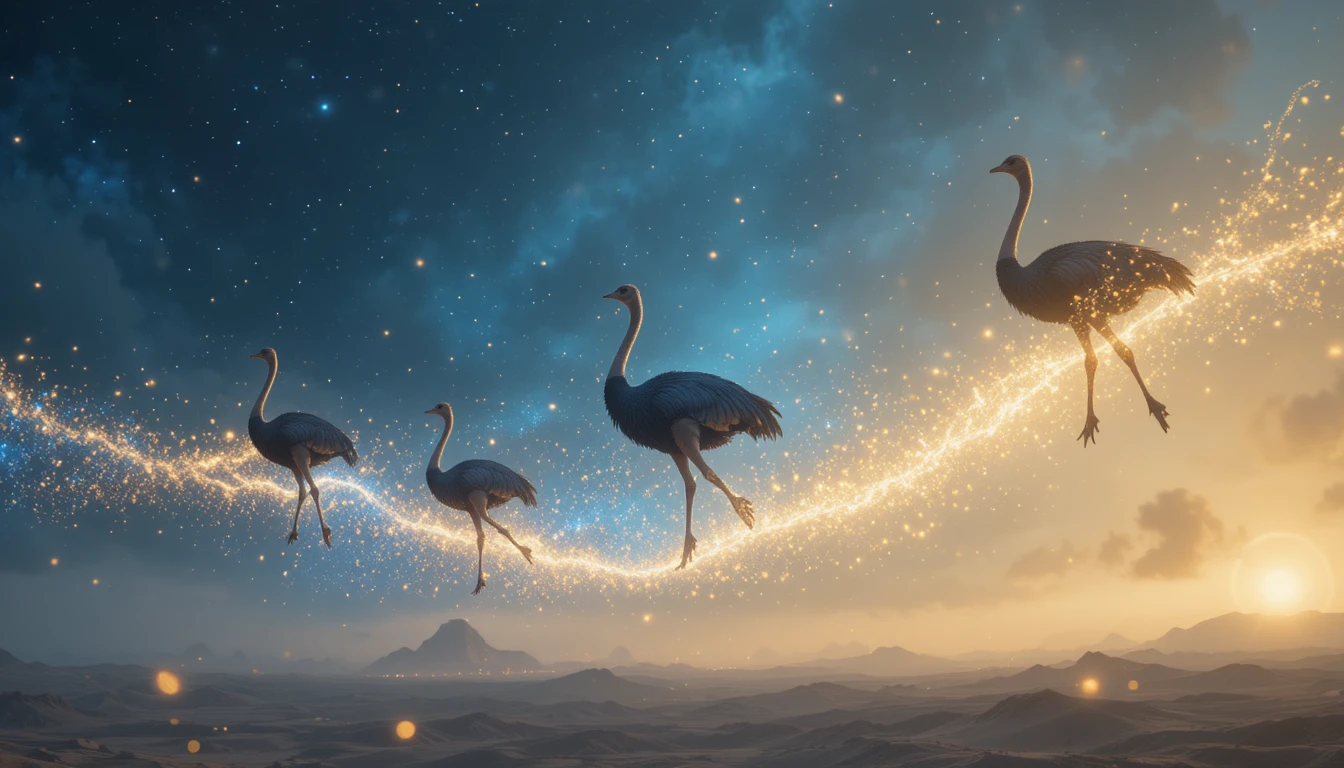 Avestruces flotando y brillando suavemente en un cielo surrealista