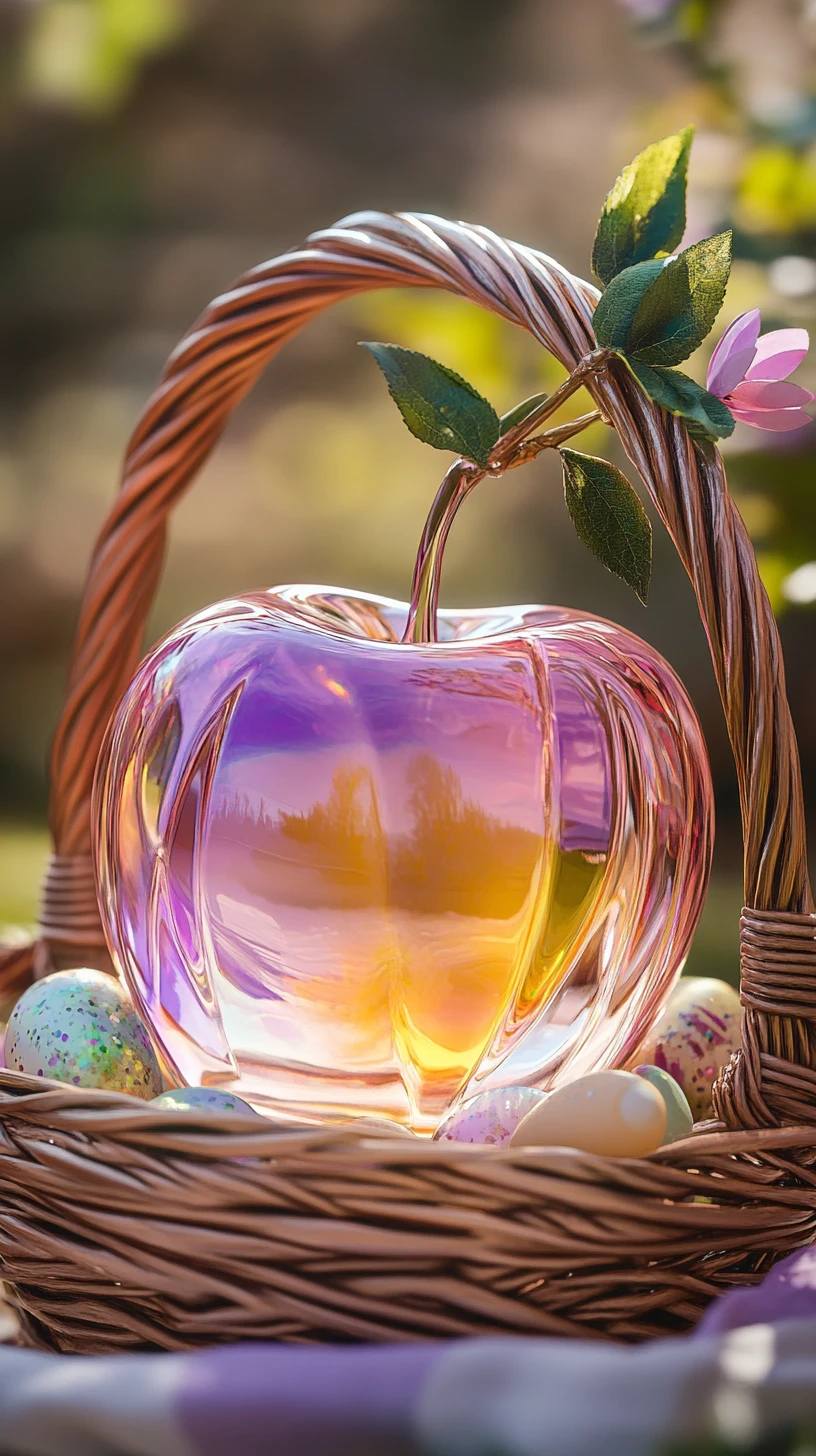 Glass apple with pastel swirls in a festive Easter basket