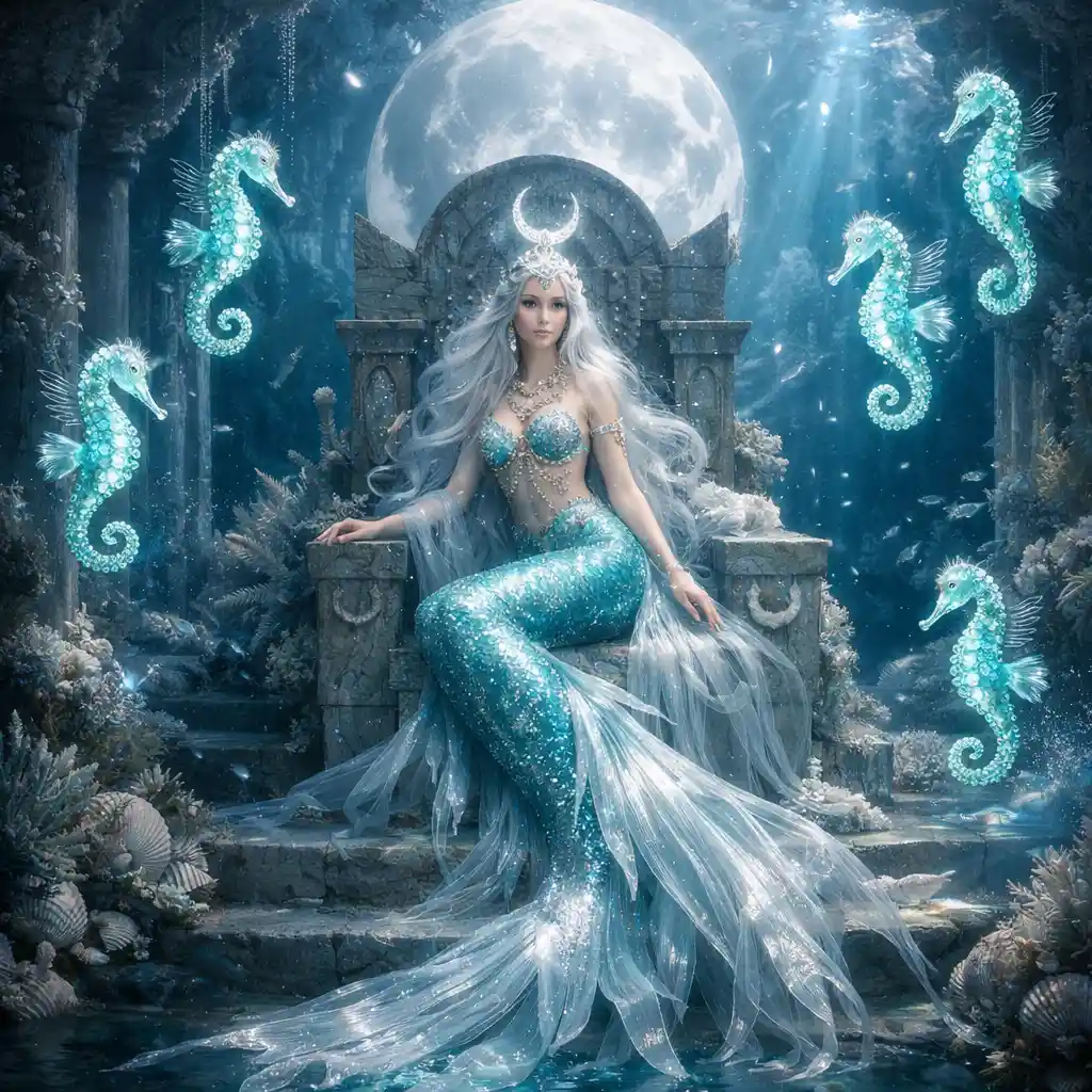 Sirena della luna in un tempio sottomarino con cavallucci marini luminosi