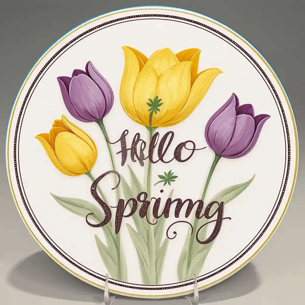 Insigne floral circulaire avec tulipes et texte Hello Spring