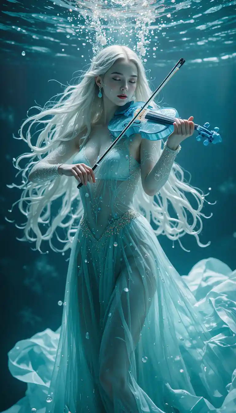 Donna acquatica mitica che suona un violino di vetro sott’acqua
