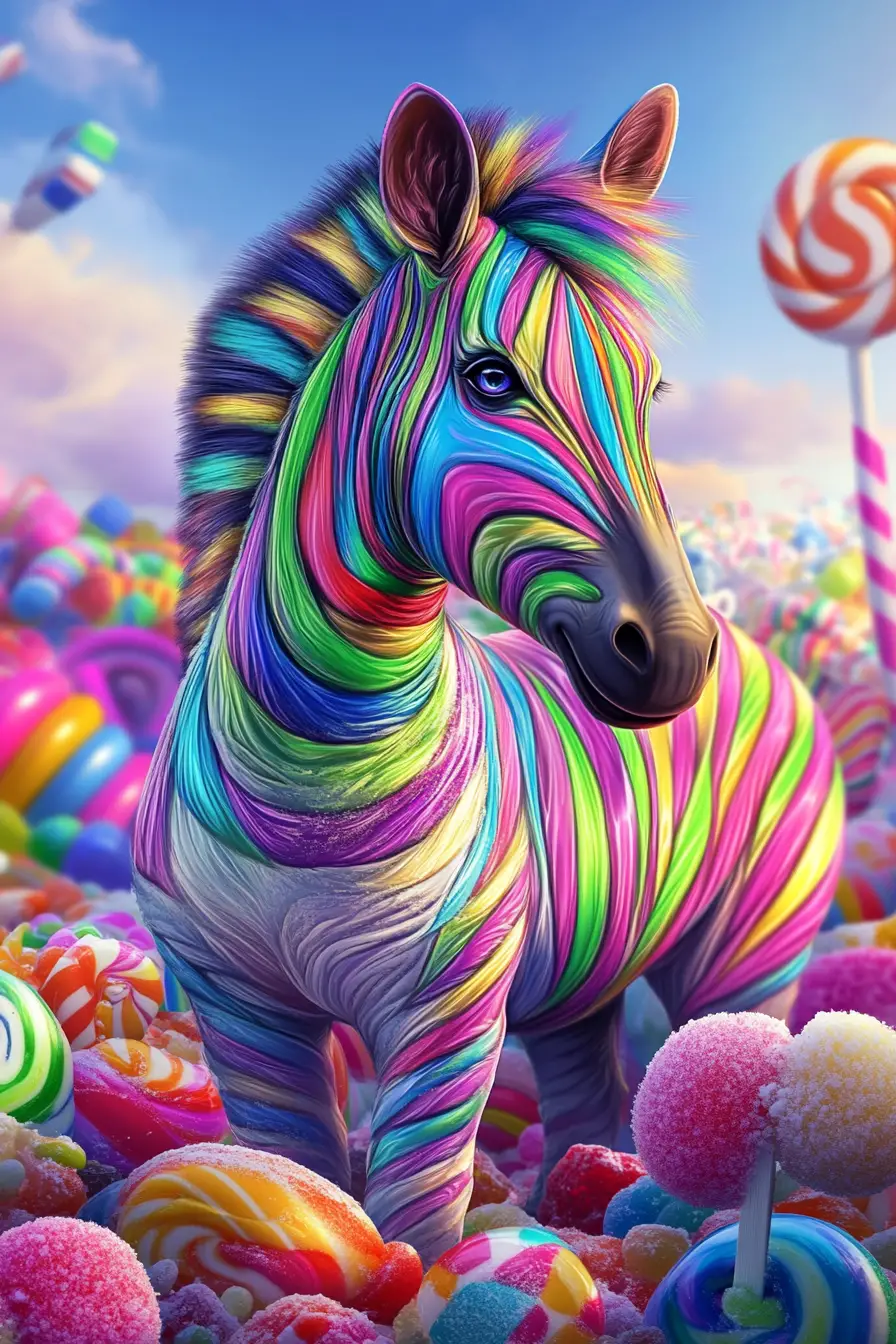 Mystisches Regenbogen-Zebra in einer bunten Candy-Landschaft