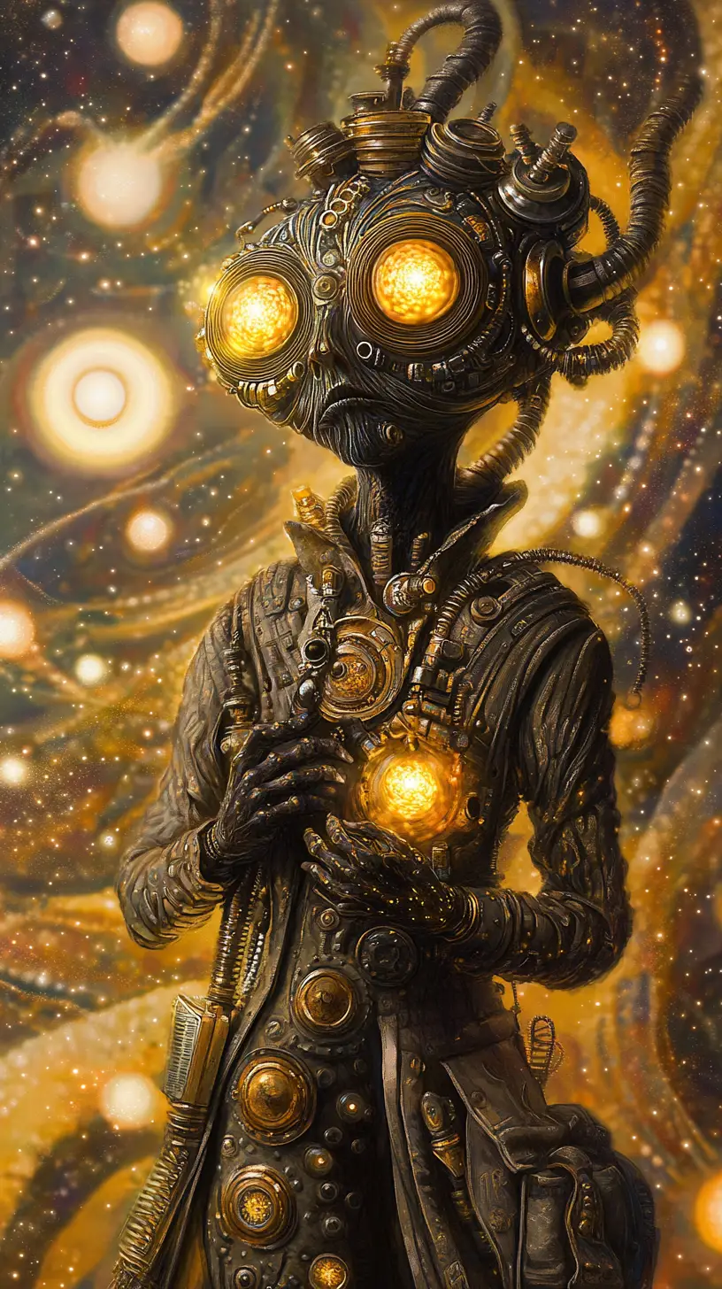 Umanoide steampunk contorto in un vortice di luce cosmica