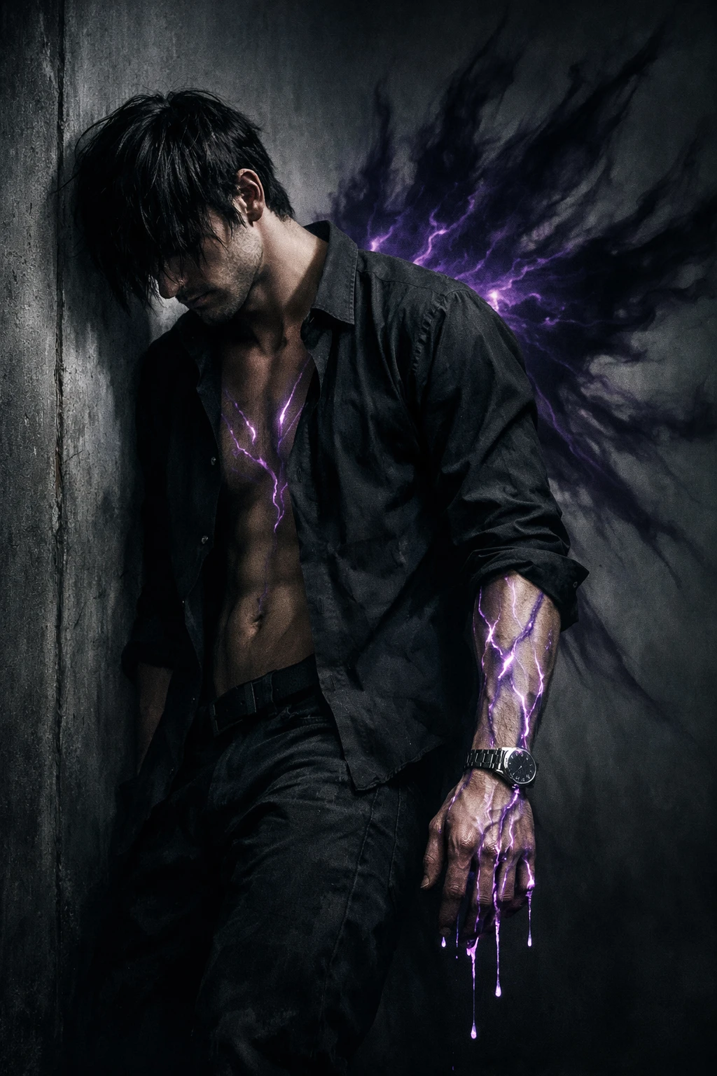 Brooding man with glowing purple energy and dark wings