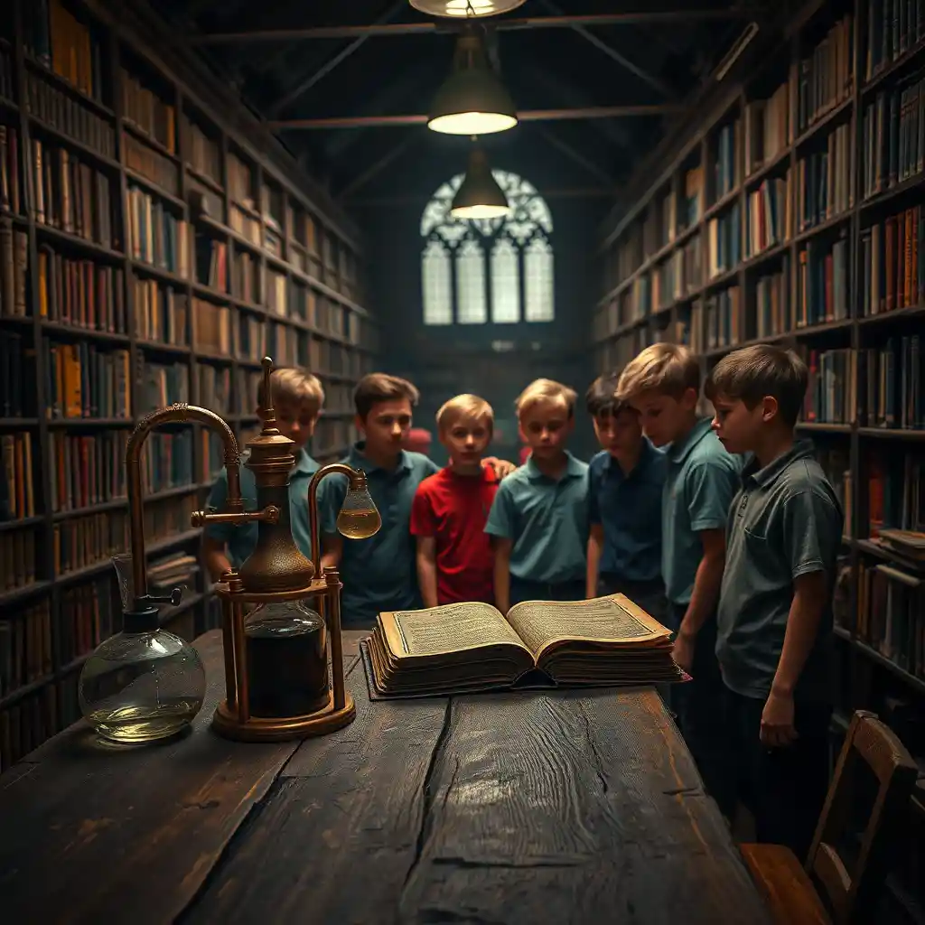 Garotos estudando um livro misterioso em uma biblioteca sombria