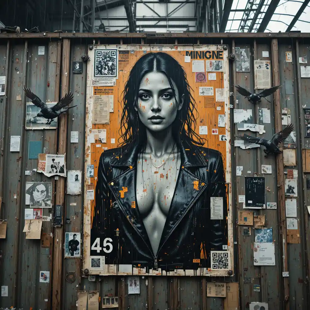 Glitch-Noir-Poster einer biometrischen Femme fatale im Raumdock