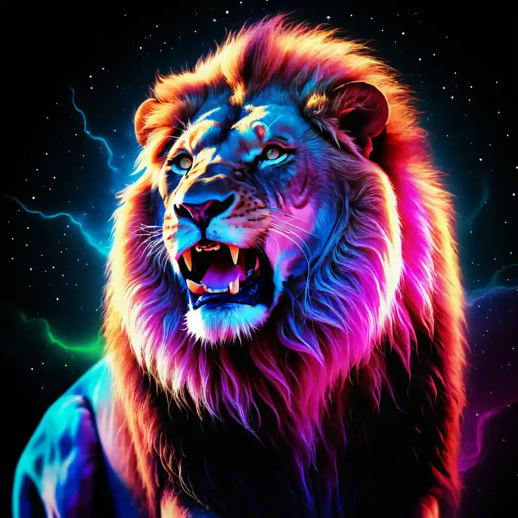 Colorful roaring lion under vibrant aurora night sky
