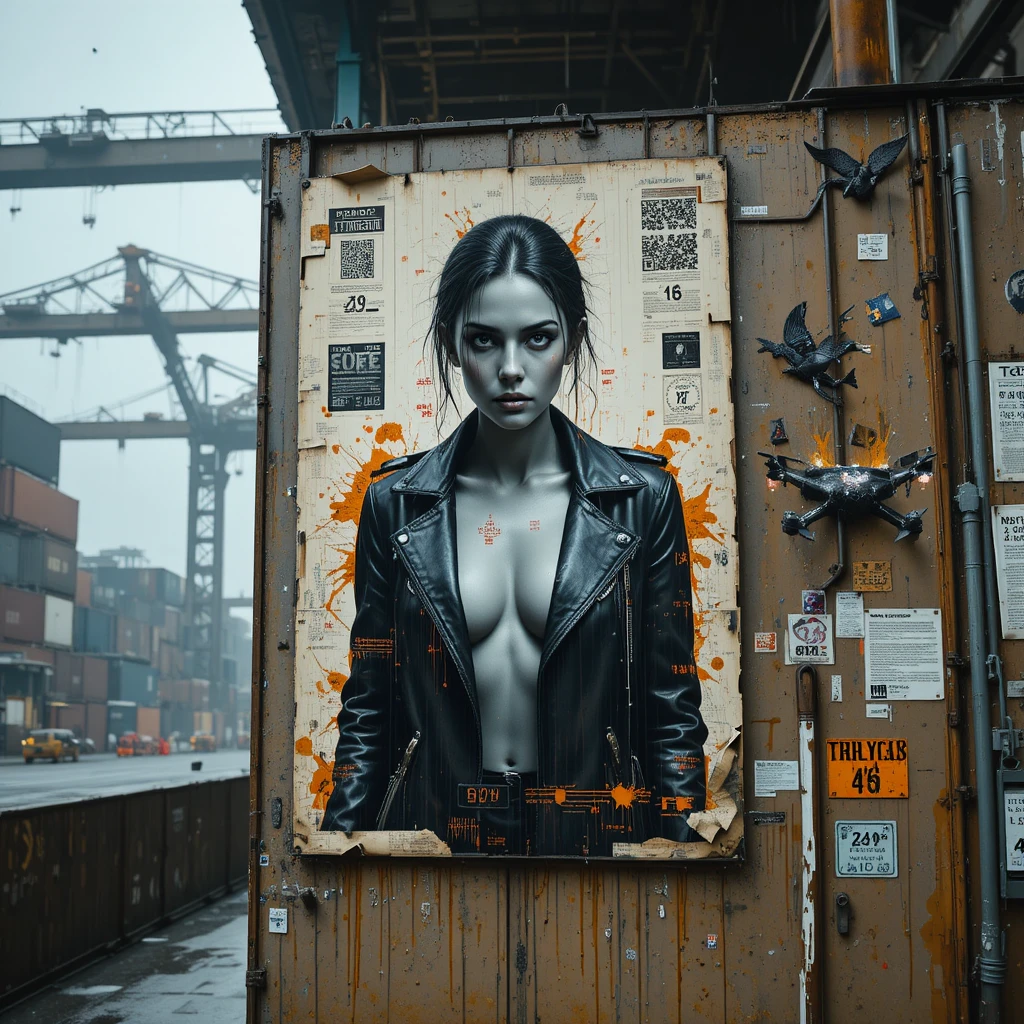 Pôster glitch noir de uma mulher feroz em doca orbital