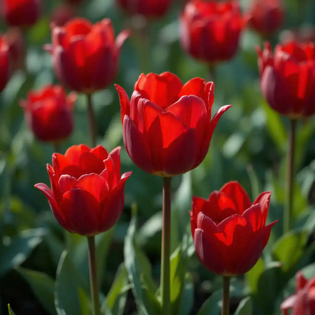 Deep red tulip blooming in a tranquil zen garden