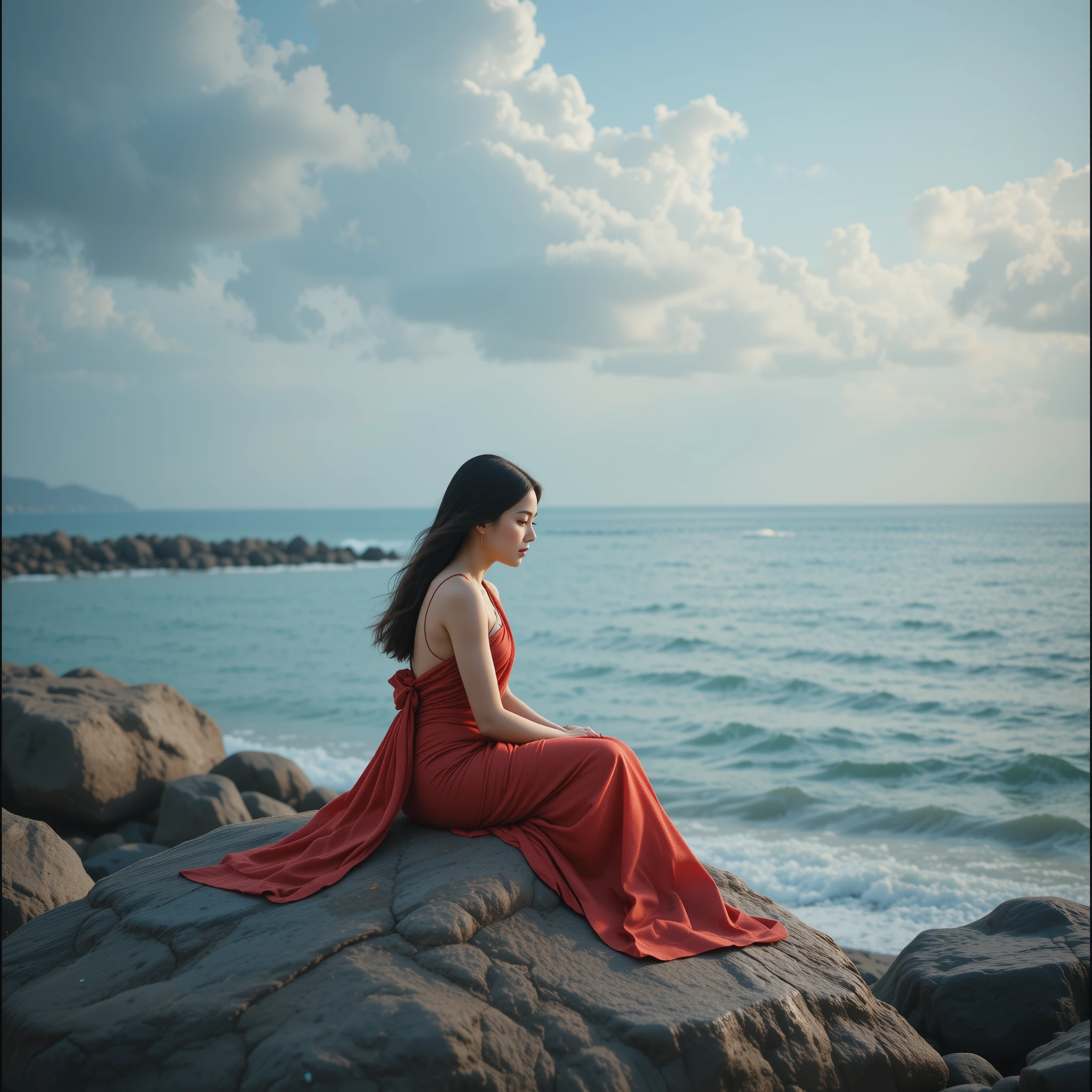 身穿紅色紗麗的少女靜坐在海邊