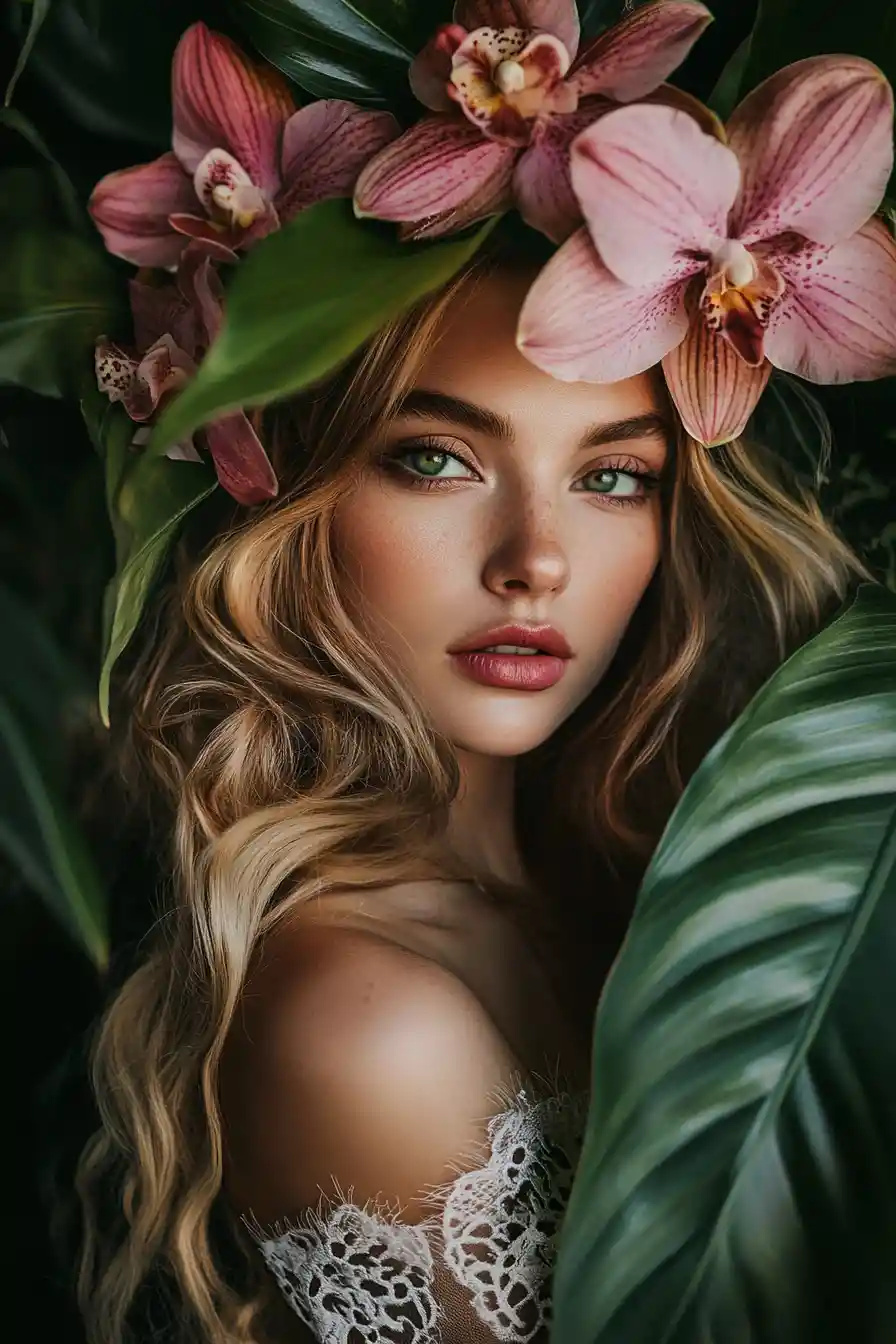 Donna in abito leopardato con corona di orchidee nella giungla