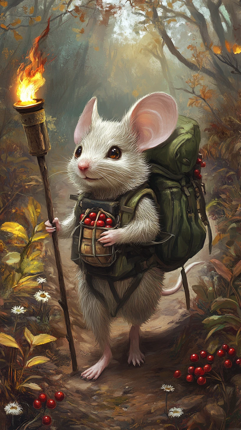 Rato viajante curioso caminhando por uma trilha de floresta iluminada por lanternas