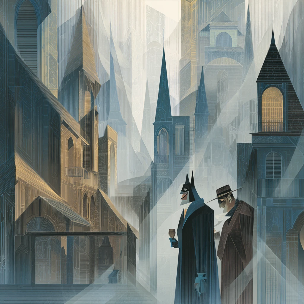 Surreal Gotham city drifting through a misty cathedral