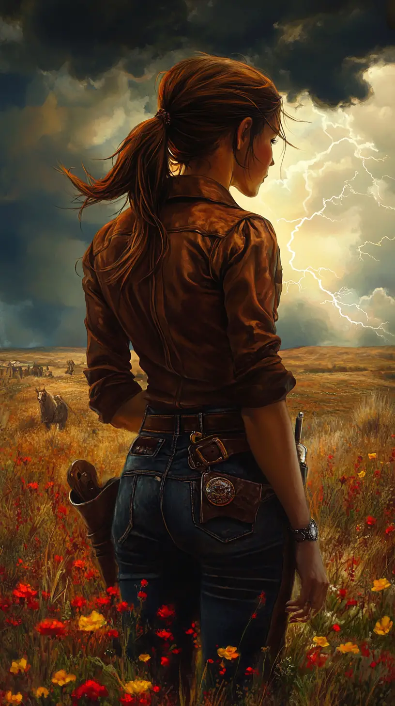 Cowgirl fantastique sur une prairie éclairée par la tempête