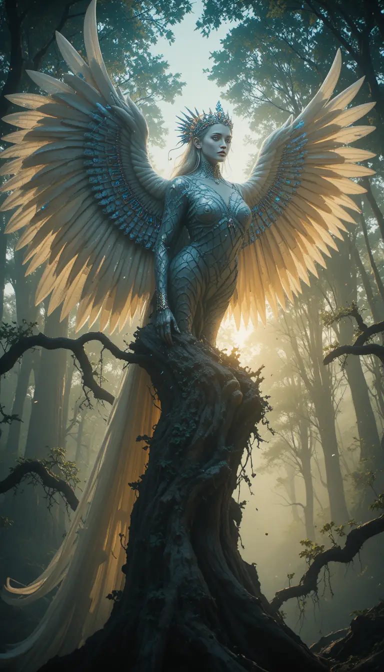 Majestosa mulher-pássaro em galho de floresta ancestral