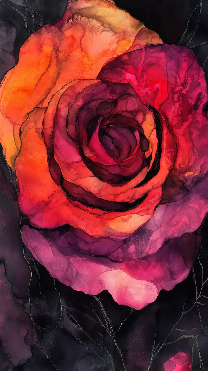 Abstrakte Rose in dramatischer schwarzer Tinte mit lebendigen Farben