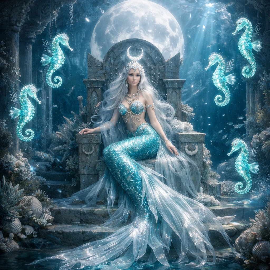 Sirena della luna in un tempio sottomarino con cavallucci marini luminosi