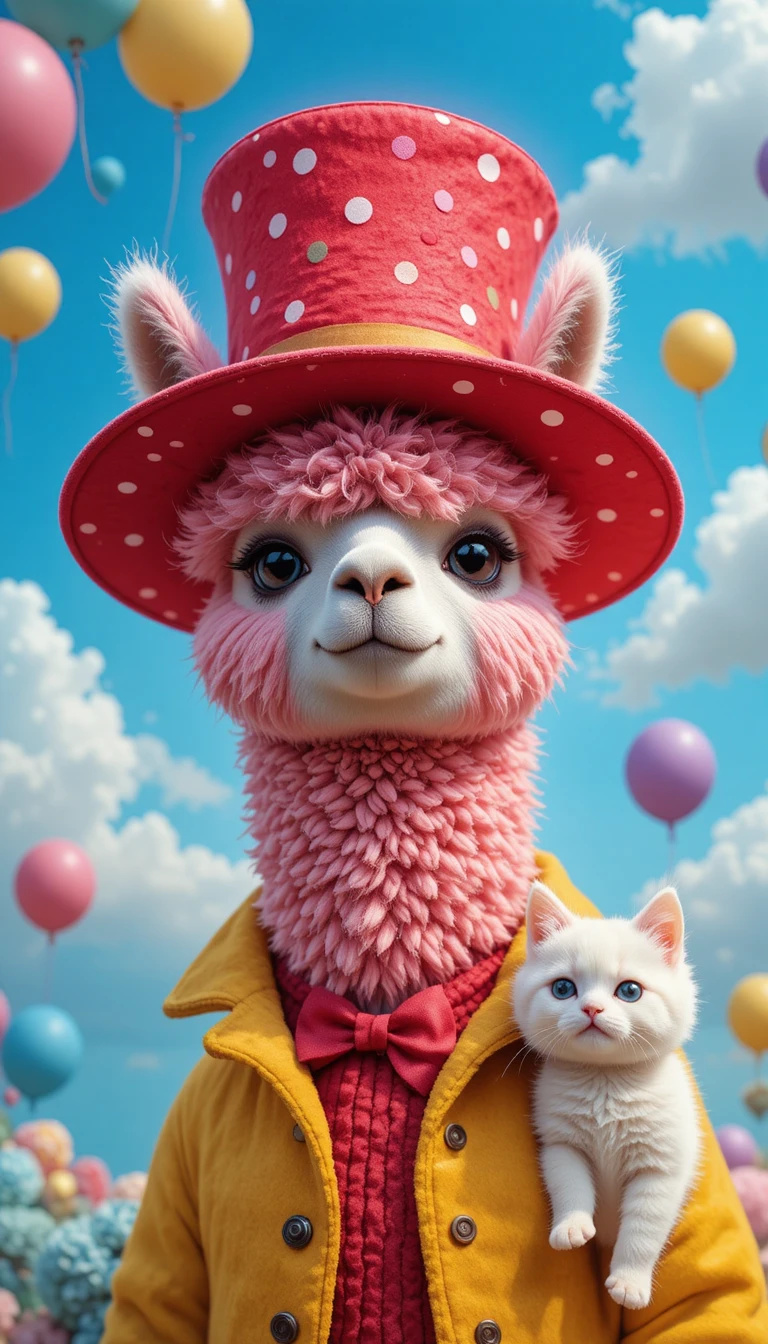 Fofa alpaca rosa de chapéu e casaco sob balões coloridos