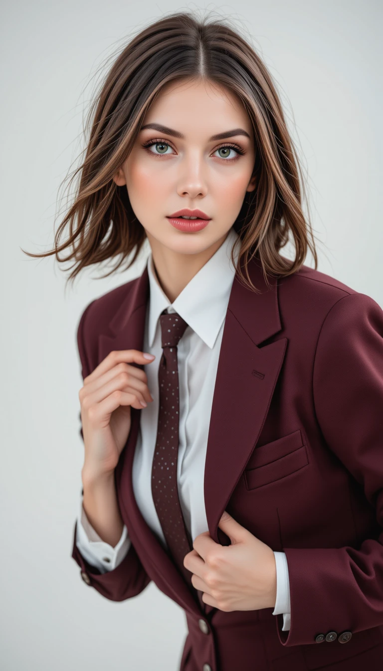 Donna sicura di sé in tailleur borgogna in ritratto di studio in primo piano