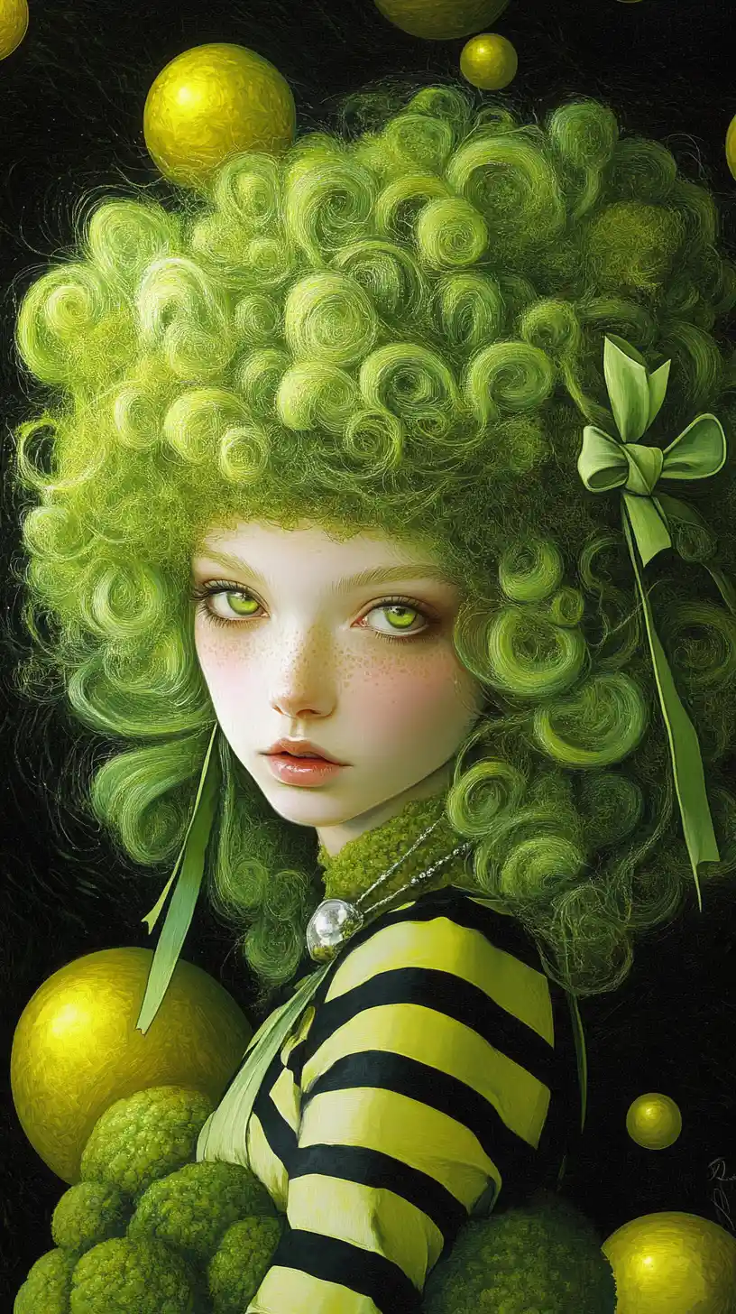 Surreal girl portrait with moss Afro and glowing yellow orbs